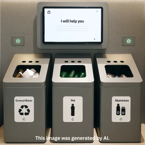 An image of the three Smart Waste Bins and an AI feedback monitor is displayed