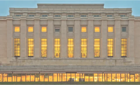 Lighting at building A of the Palais des Nations in the evening
