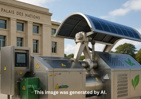 A model of a Food Waste Composter can be seen in front of the Palais des Nations